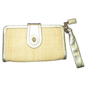 Coach 2008 Parker Natural Straw with Gold Leather Trim Turnlock Clutch Wristlet